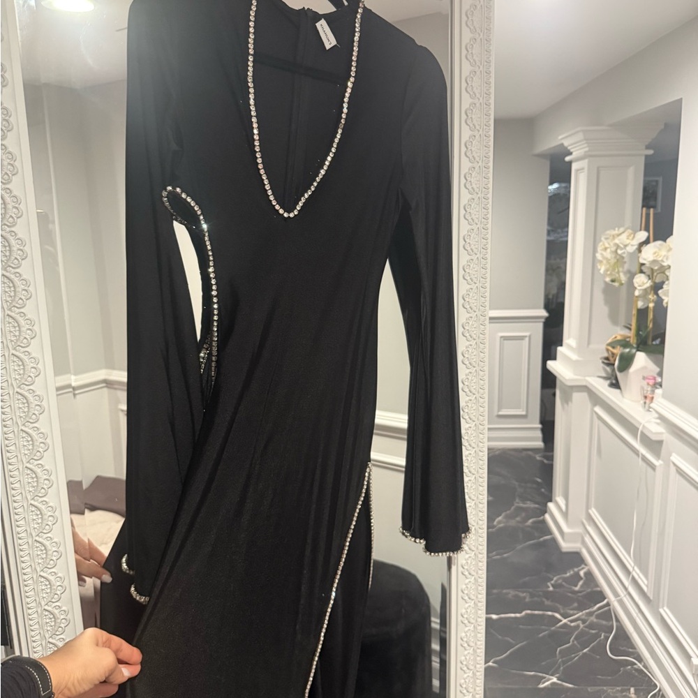 Elegant Black Long Sleeve Dress with Pearl Accents from Revolve